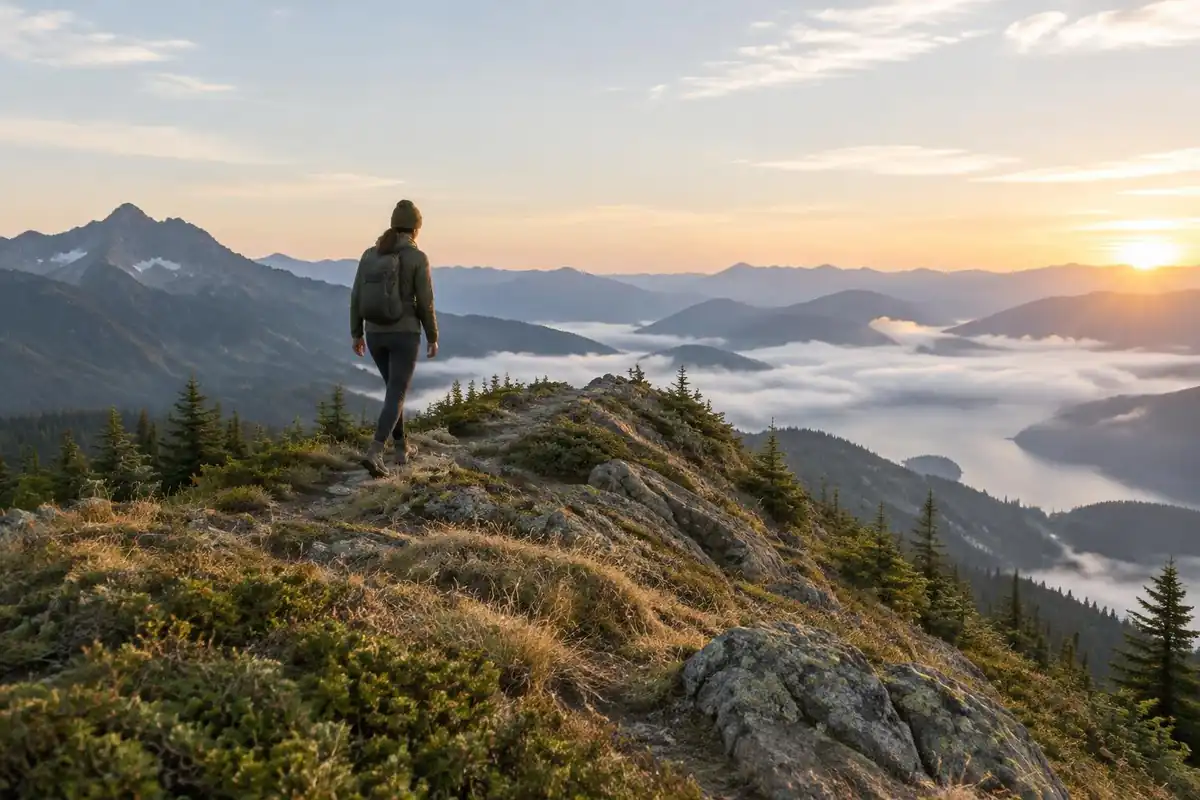 Lightly loaded hiker stepping across a ridge with a sparse pack