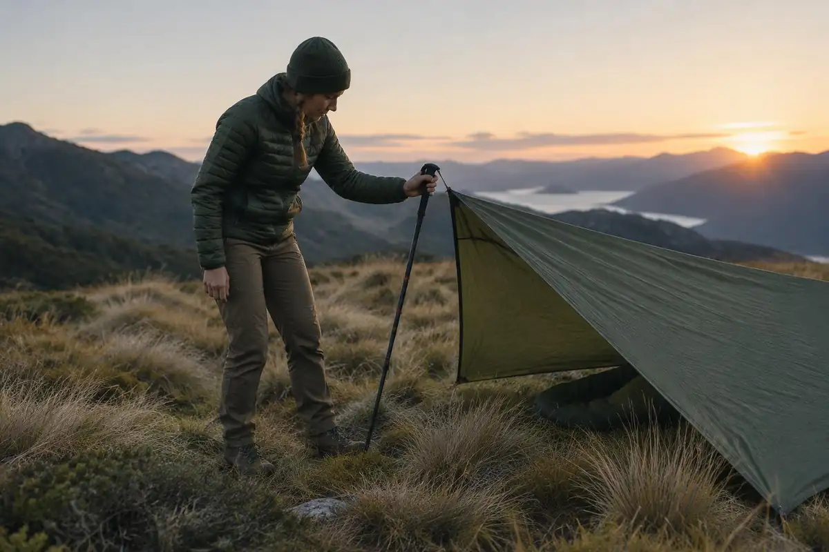 Hiker pitching a small pole-supported shelter on tussock