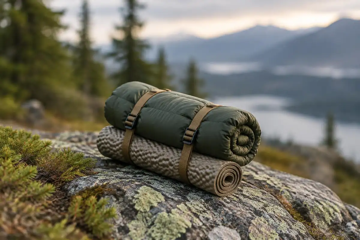 Tiny bundle of an ultralight sleep kit rolled on a rock