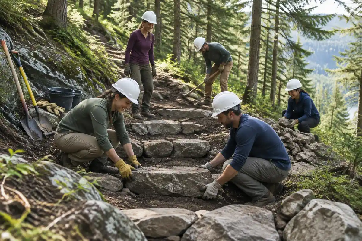 A volunteer crew with hard hats and gloves rebuilding a stone step on a hillside trail