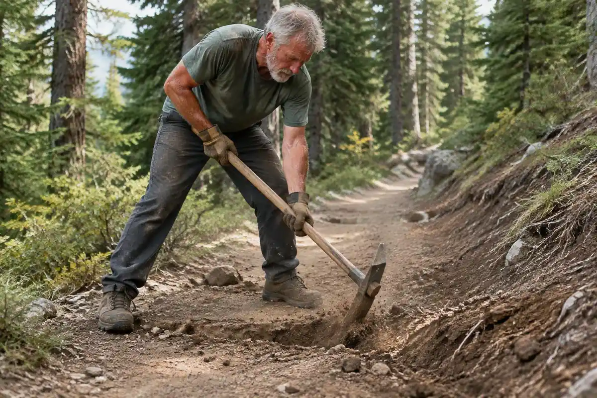 A volunteer swings a hand tool to dig a drainage ditch across a trail tread