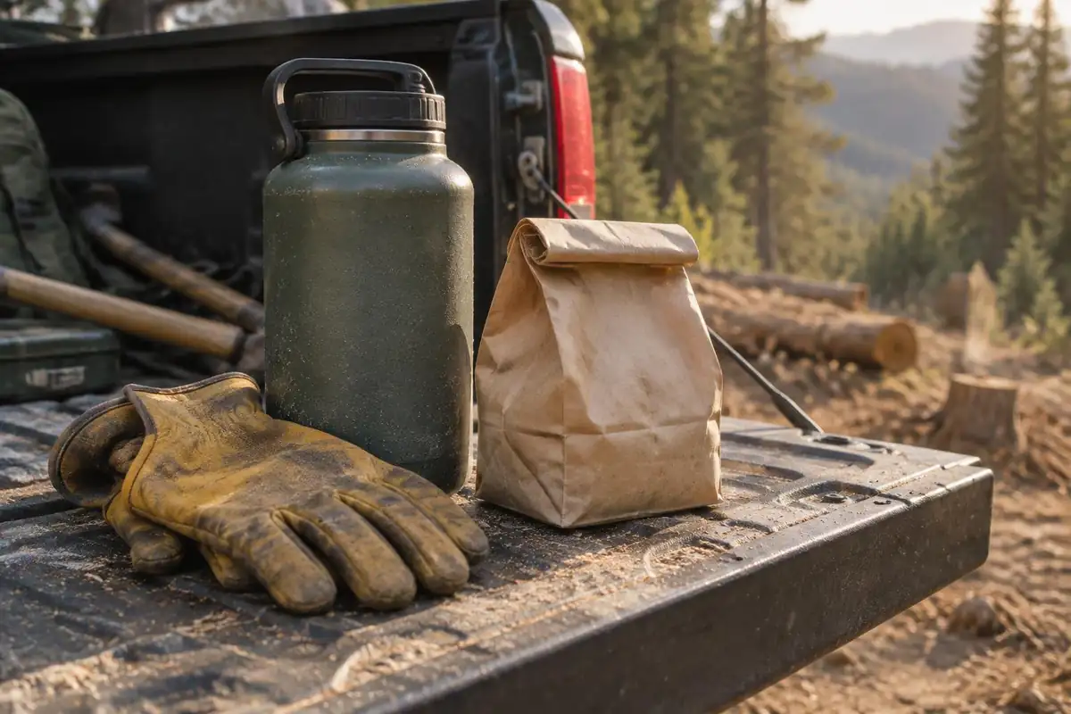 Work gloves, a big water jug, and a lunch bag on a tailgate