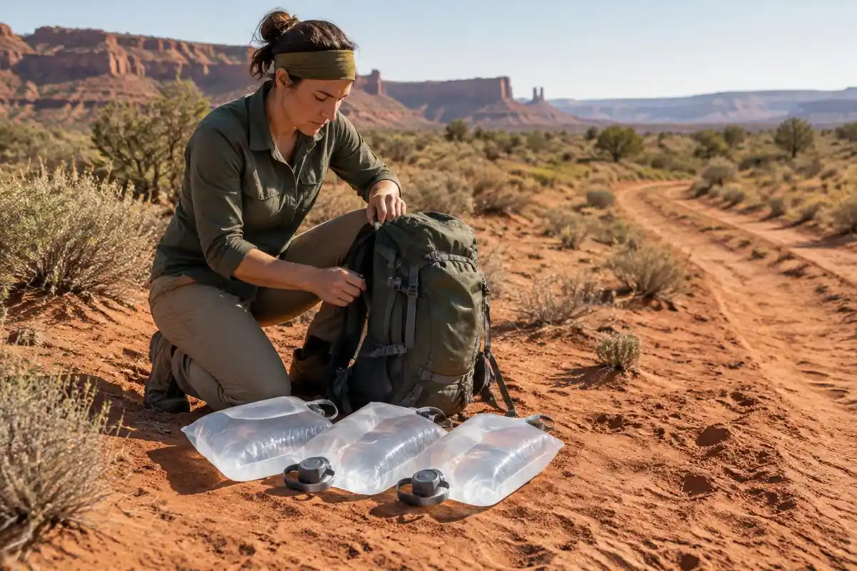 Hiker loading several full water bladders beside a big pack near a desert cache