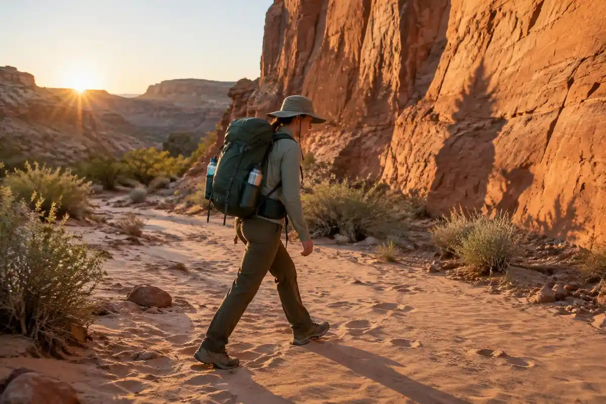 A hiker walking a dry sandy wash at sunrise wearing sun hat and long sleeves