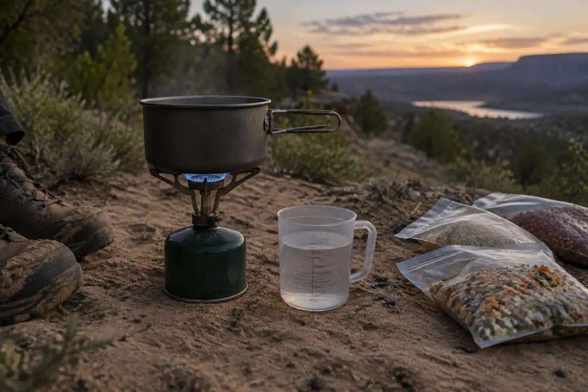 A single canister stove heating a small pot on flat sand at dusk