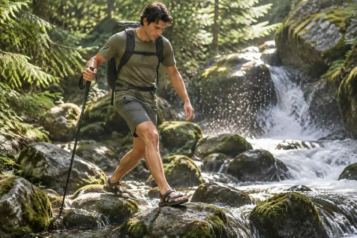 Hiker picking a slow careful route over wet rocks with trekking poles near a stream
