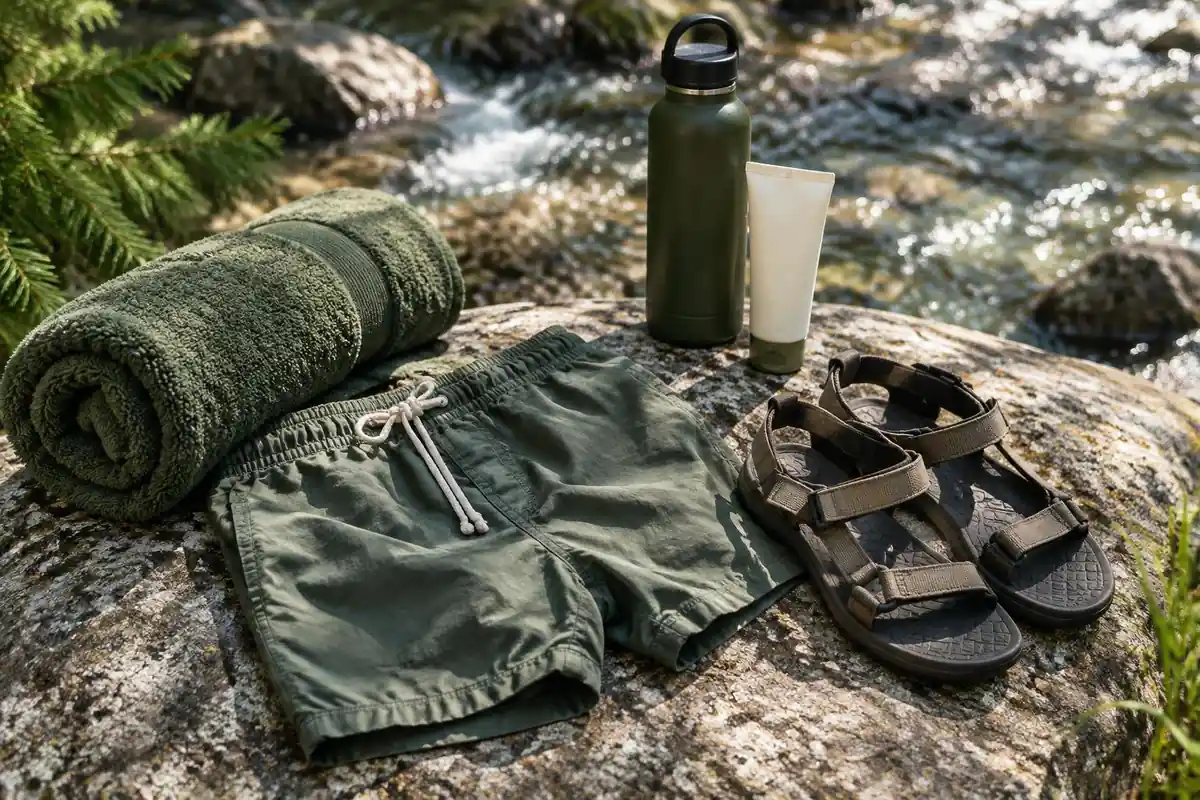 Damp towel, swim shorts and sandals drying on a sun-warmed boulder