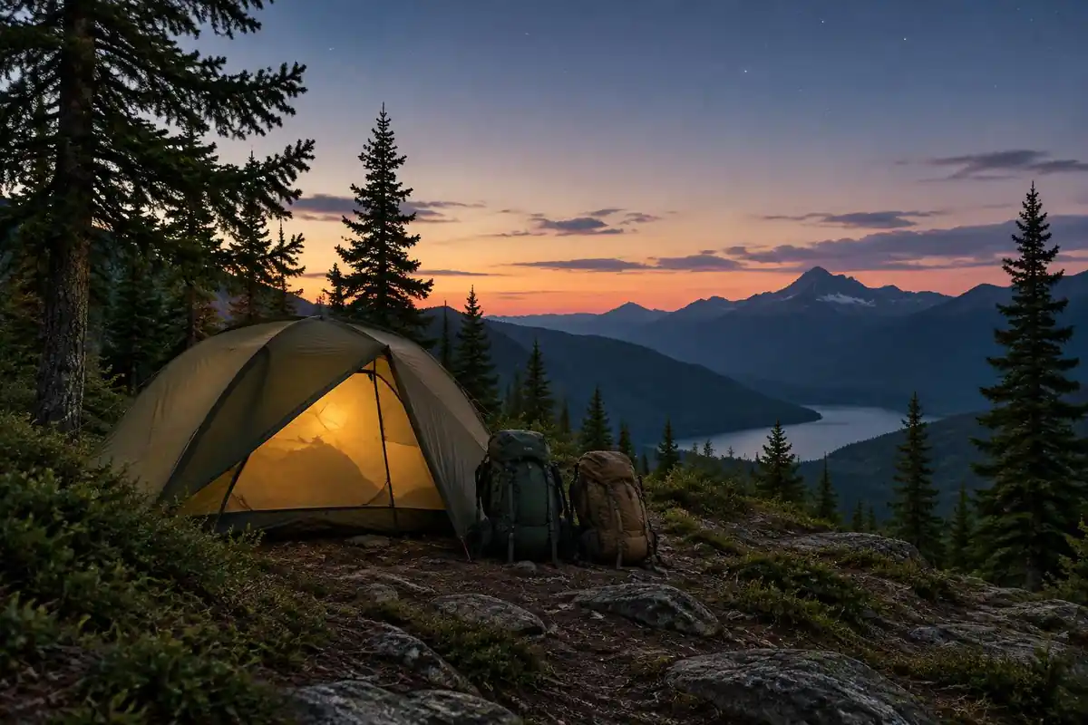Two-person tent glowing on a wooded ridge at weekend camp dusk