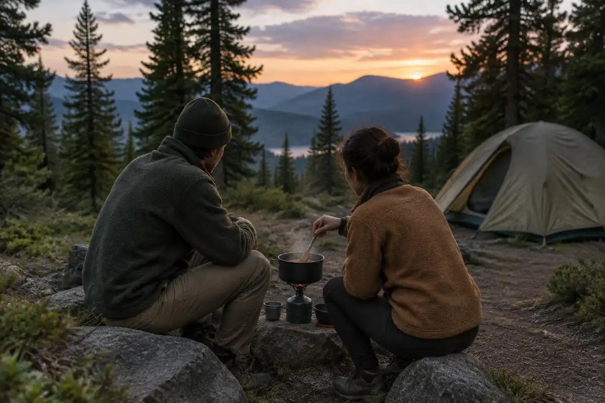 Friend pair preparing dinner at a stove away from their tent under trees