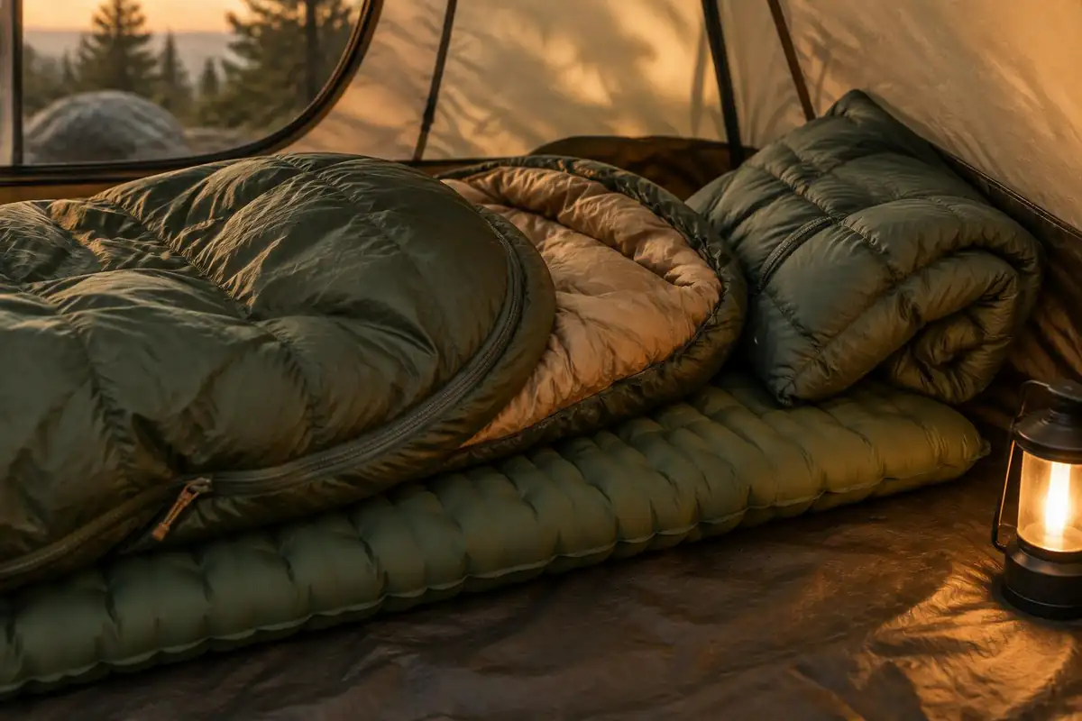 Sleep system laid on a tent floor: pad, bag and folded jacket