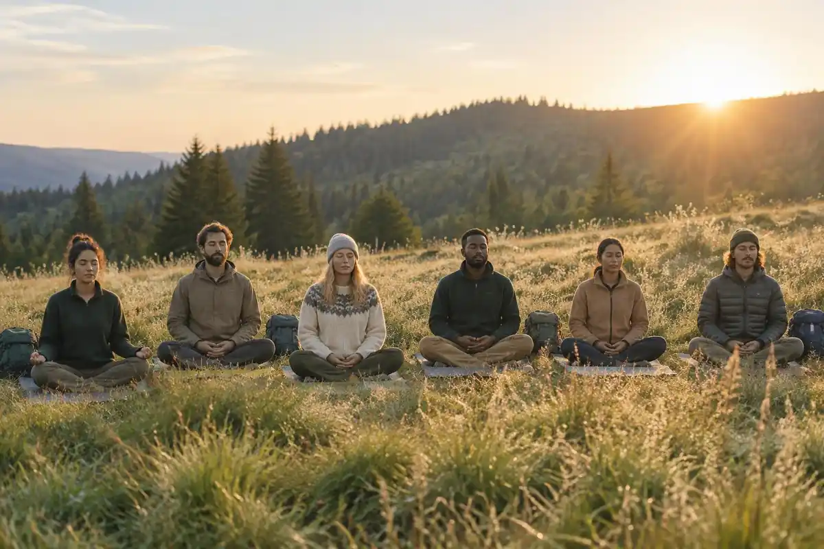 Small group in a circle sitting cross-legged on mats on a quiet meadow at sunrise