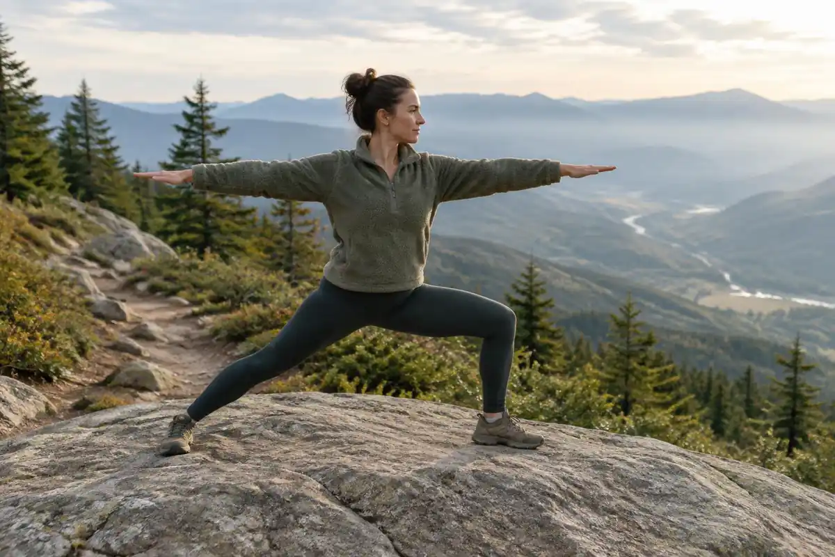 Woman in a slow yoga pose on a flat rock beside a mountain path