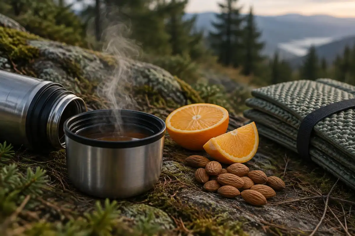 Herbal tea in a flask lid beside a sliced orange and nuts on a mat