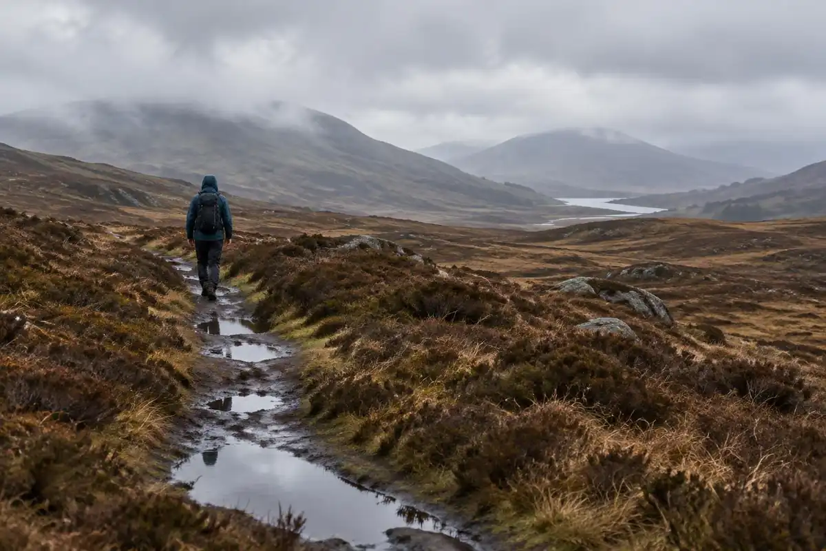 Moorland trail across wet brown heather with misty hills and a lone walker