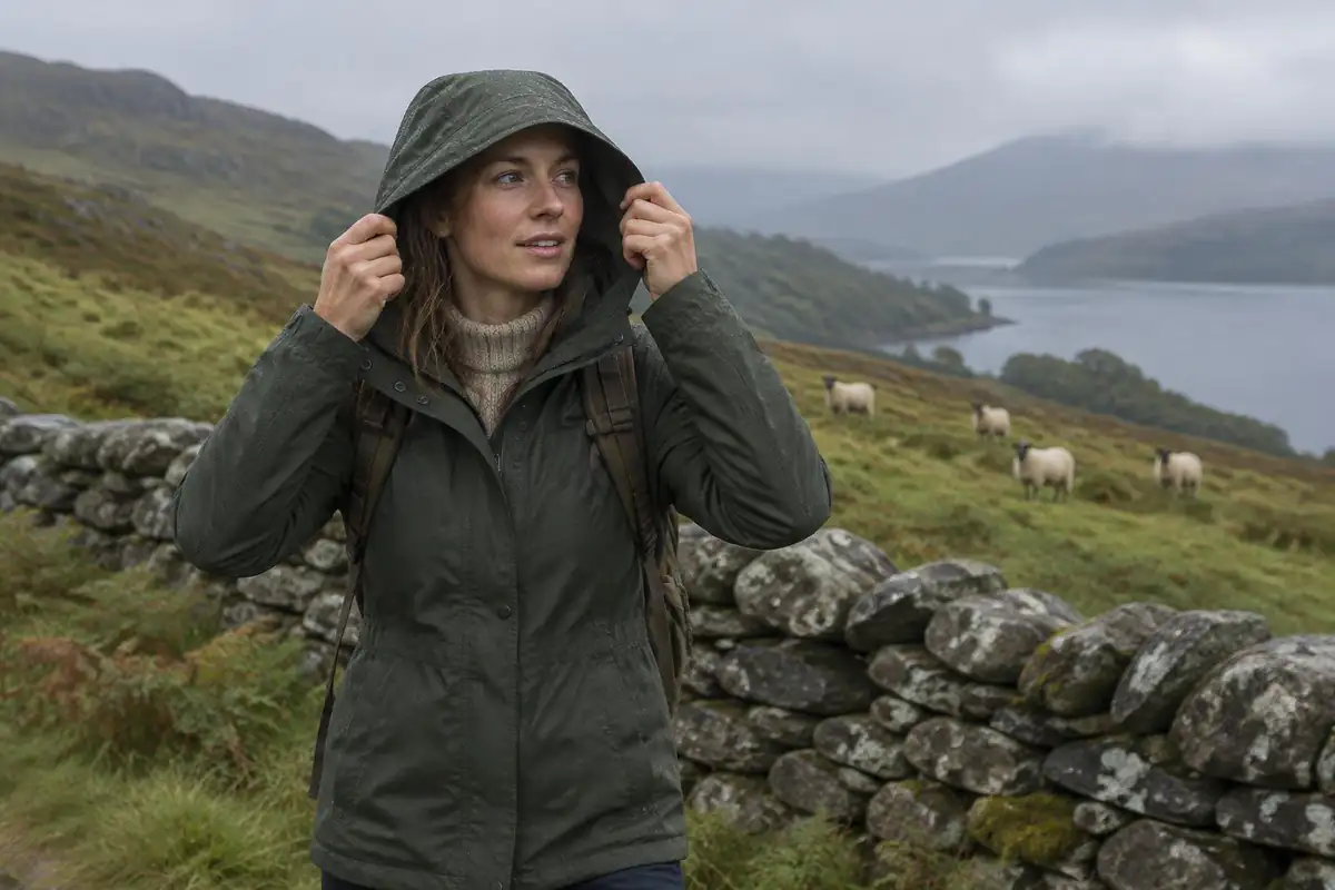 Walker pulling on a hood as rain begins beside a dry stone wall and sheep