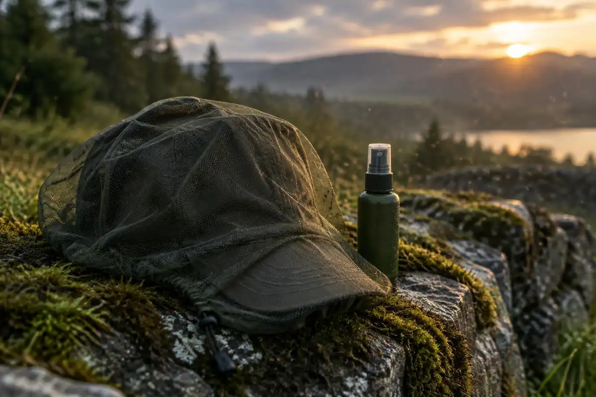Head net over a brim and repellent in a pocket on a mossy stone