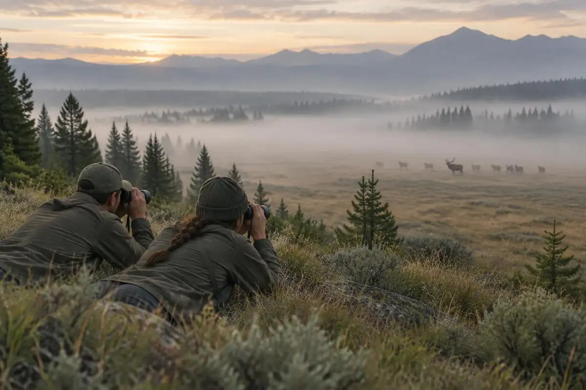 A hiker glassing a distant meadow with binoculars at dawn