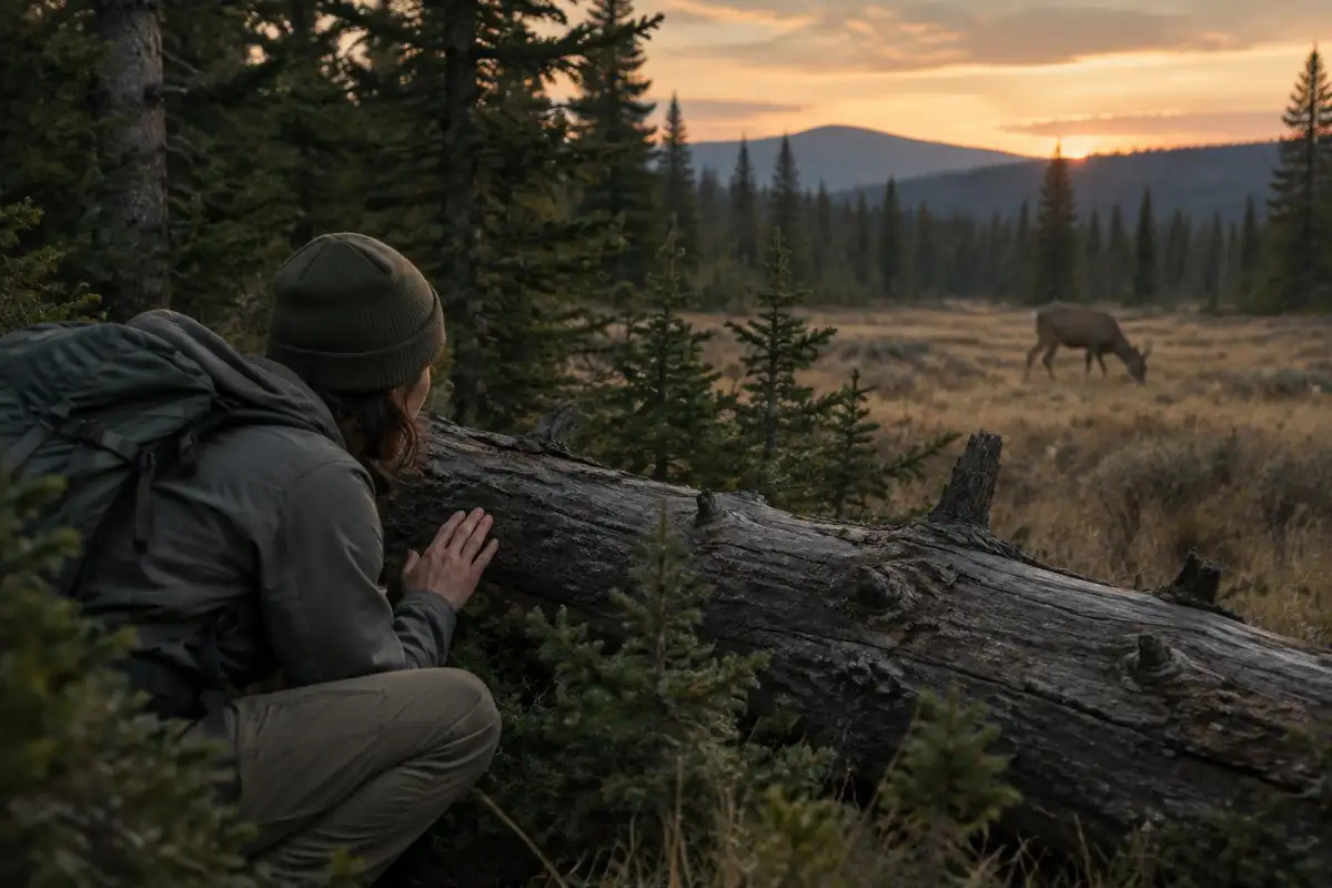 A man crouches motionless behind a fallen log while a deer walks past at distance
