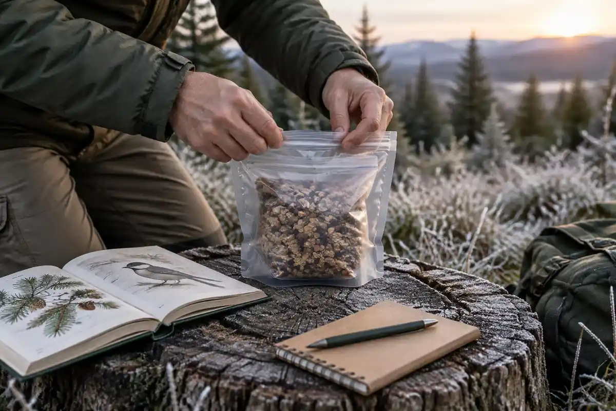 Hands sealing a food bag and closing odor-proof pouch