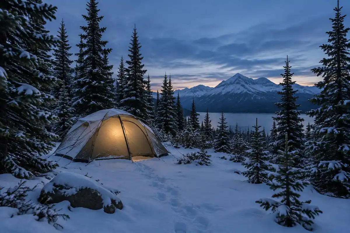 Snow-covered tent glowing among spruce on a still winter night