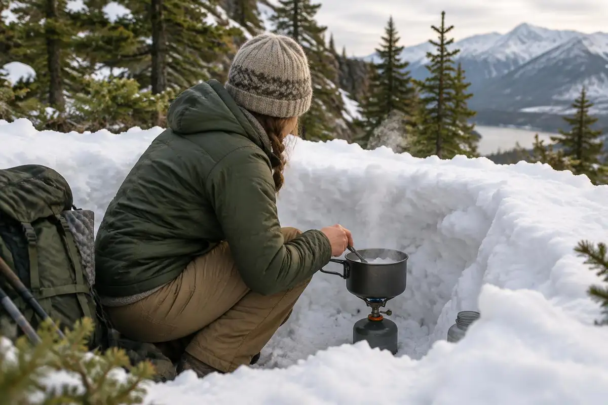 Hiker melting snow in a pot on a stove in a snow-pit