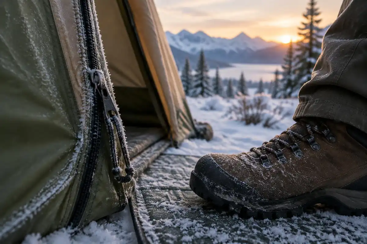 Frosted zipper and boot outside a winter tent door
