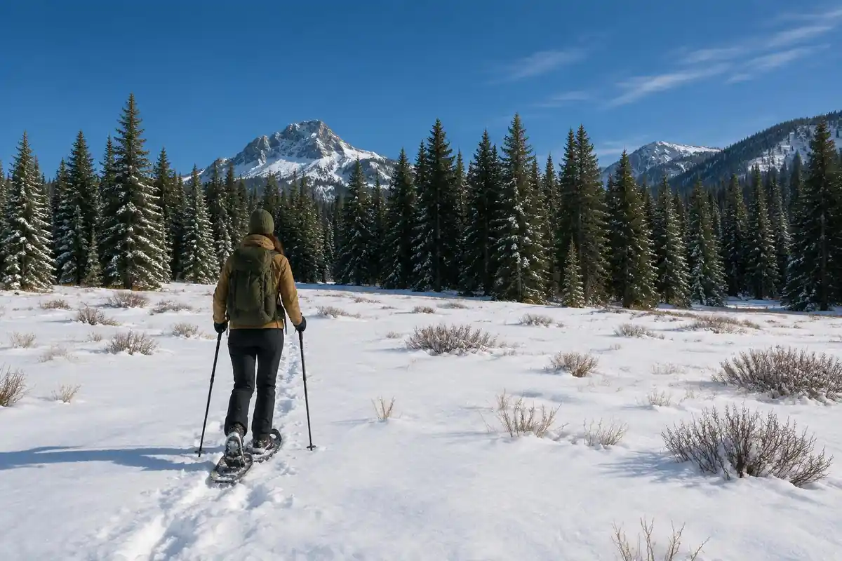 Hiker crossing a snowy meadow wearing snowshoes at midday