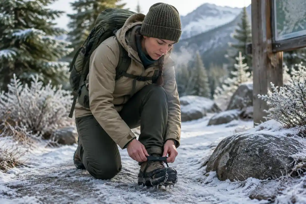 Hiker strapping traction devices onto boots on an icy trailhead