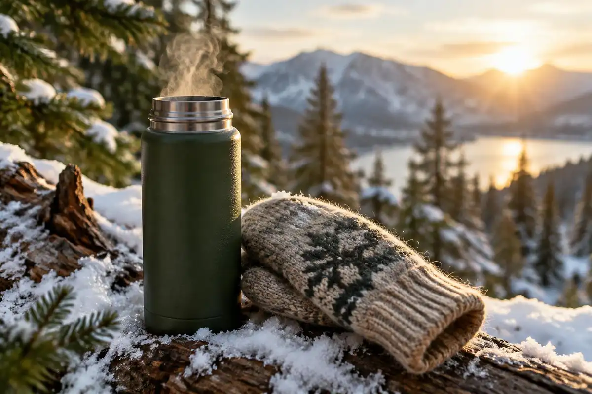 Steaming insulated bottle beside a warm mitt in the snow
