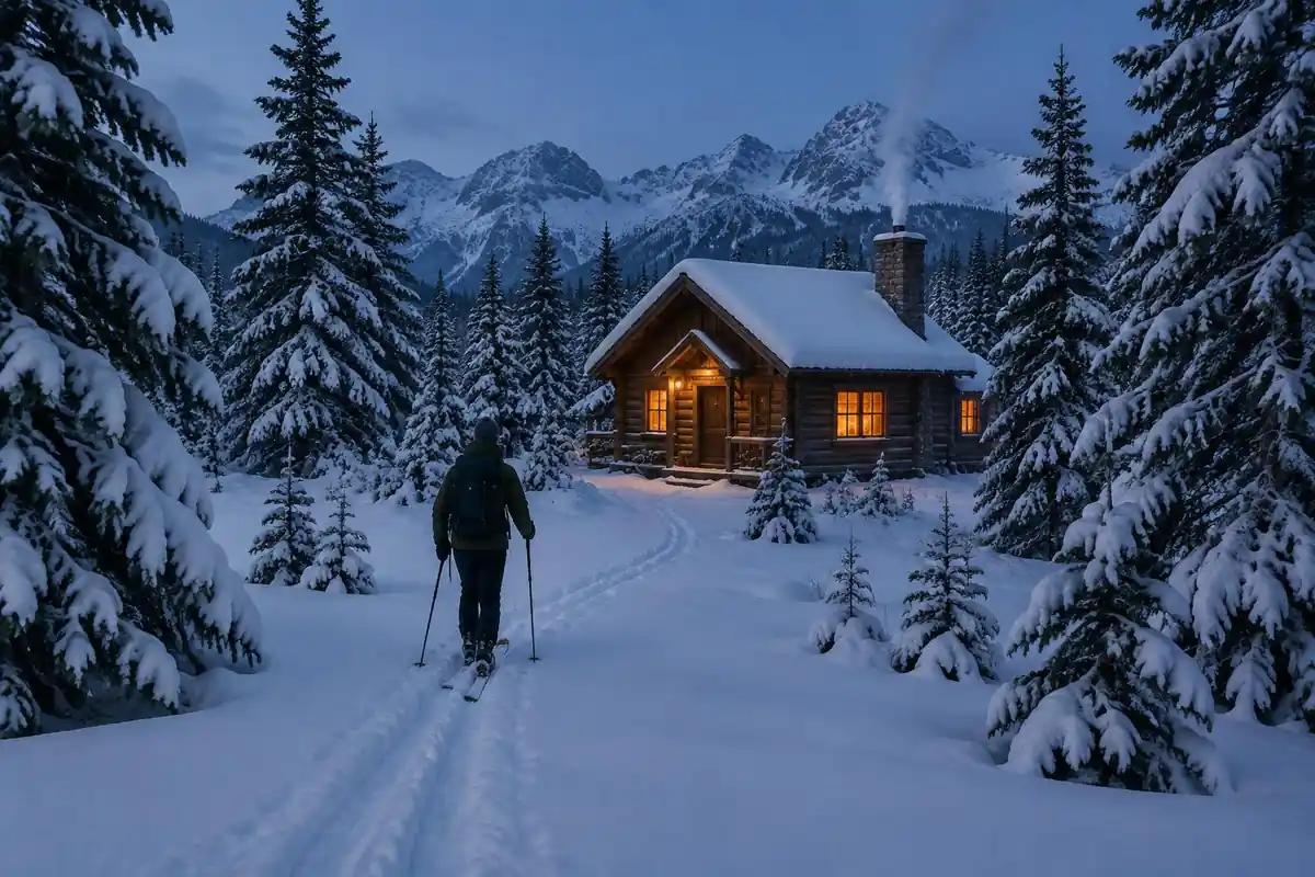 A cabin hut with smoking chimney in a snowy spruce forest at blue hour