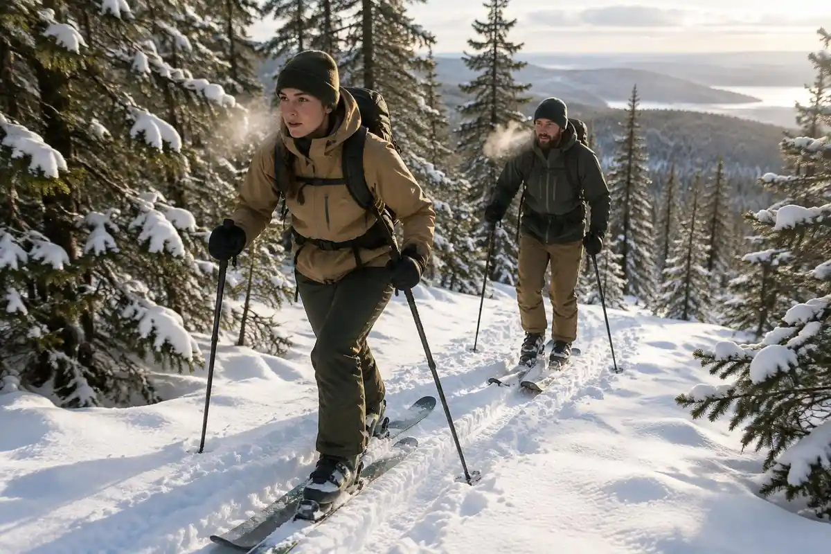 Two skiers skinning uphill through snowy forest in breathable layers