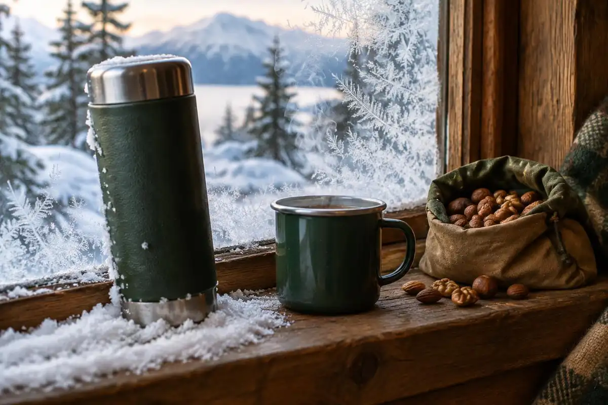 Insulated bottle and stove with steaming pot in a snow hole shelf