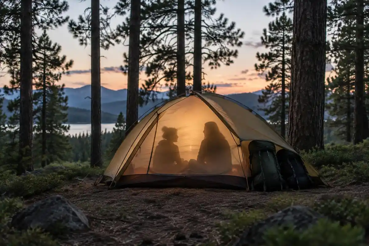 Women sharing a two-person tent under pines with warm lantern glow at dusk