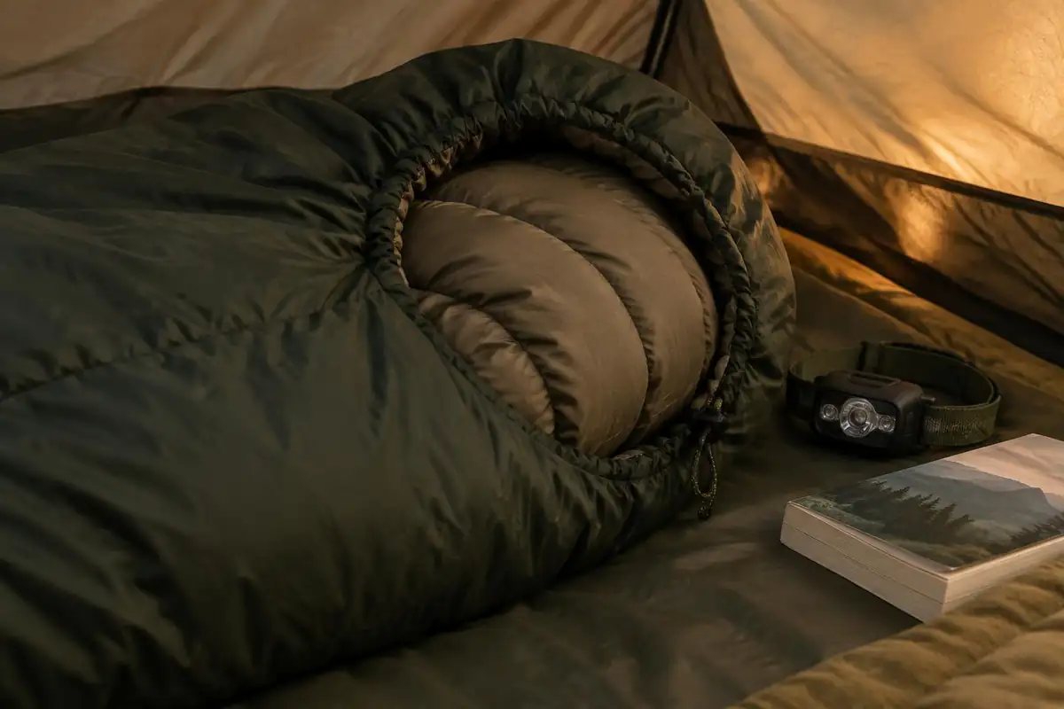 Sleeping bag hood cinched around a folded puffy jacket pillow on a tent floor