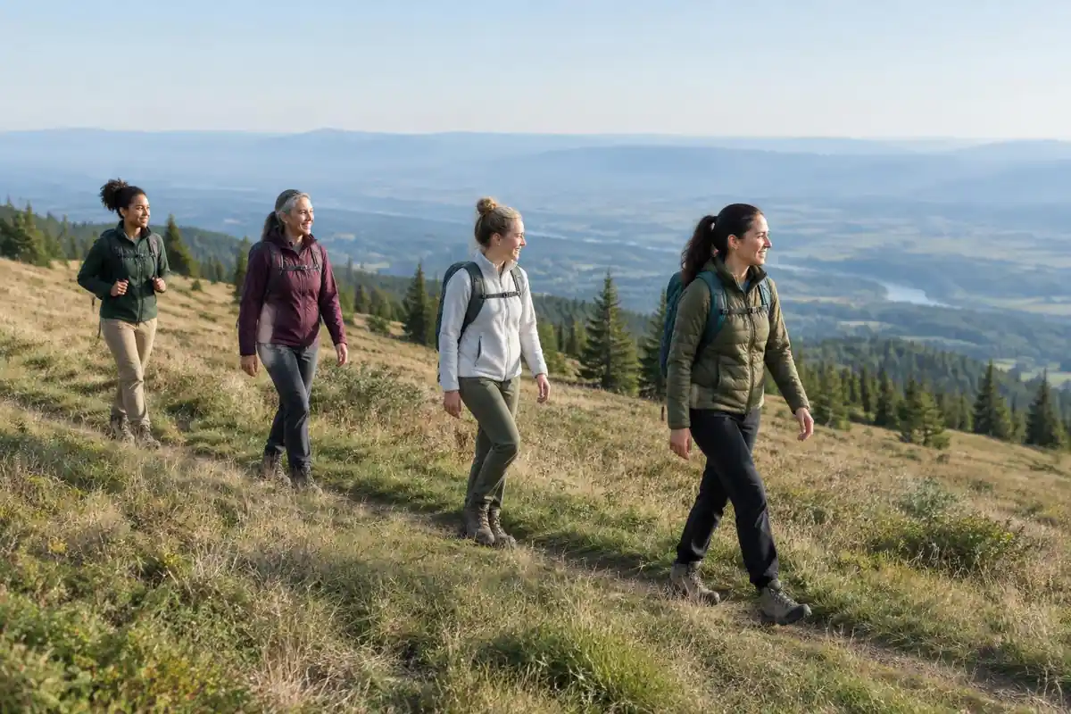 Group of women crossing an open grassy hill on a cool clear morning
