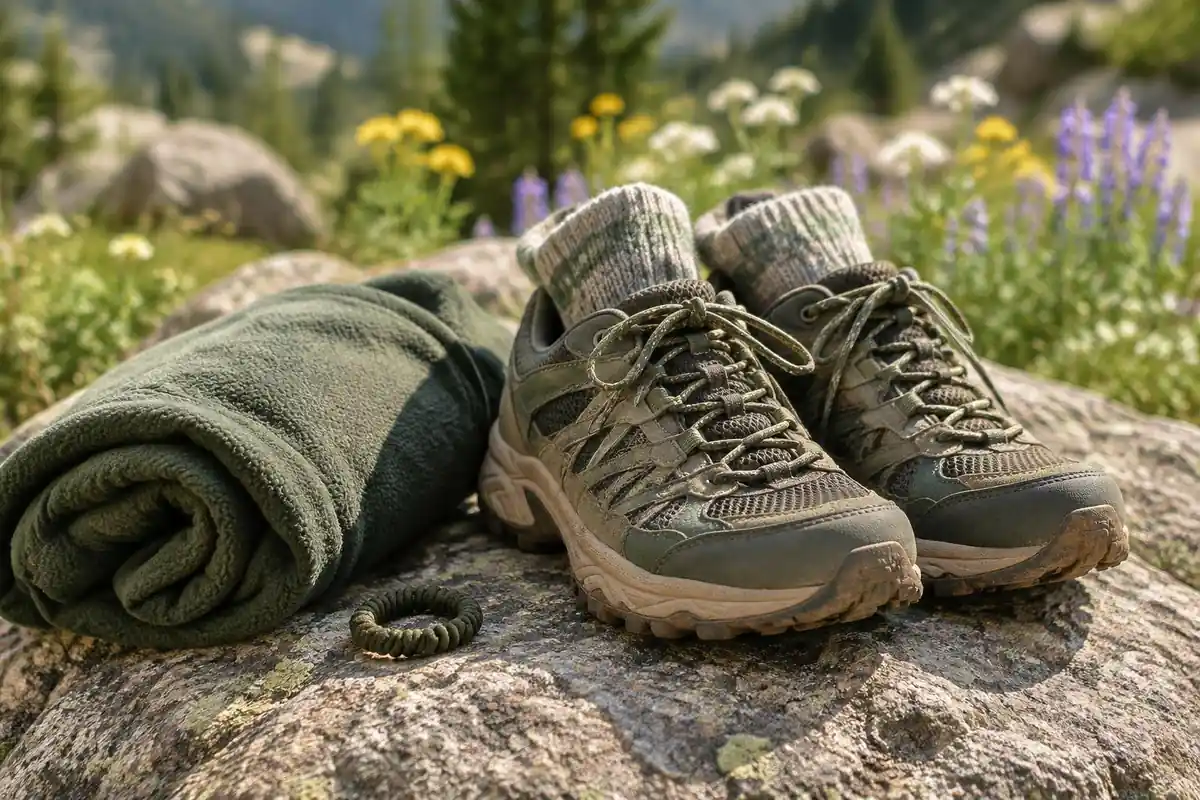 Trail shoes and wool socks on a boulder with a rolled fleece nearby