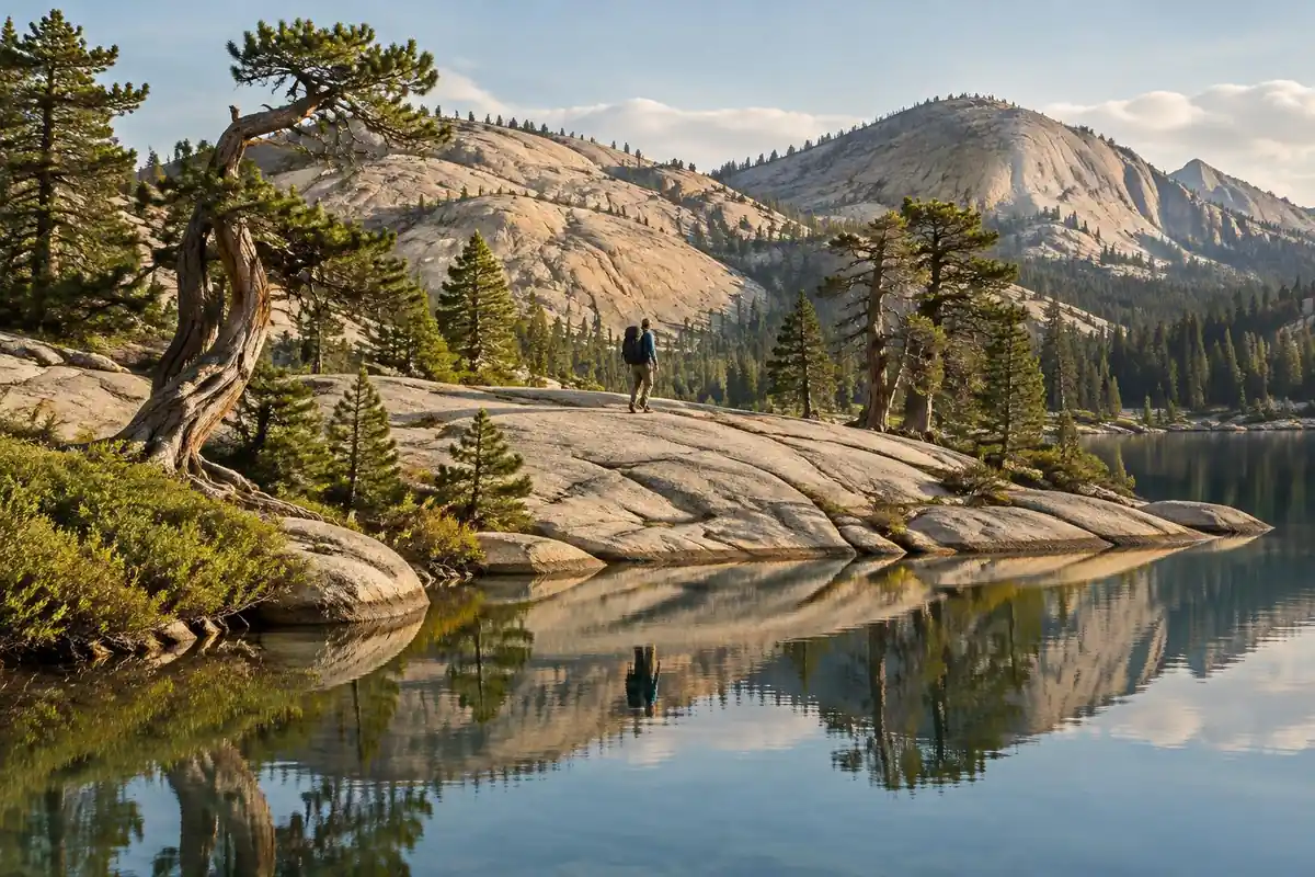 High granite dome country with domed peaks, clear lake and a few pines
