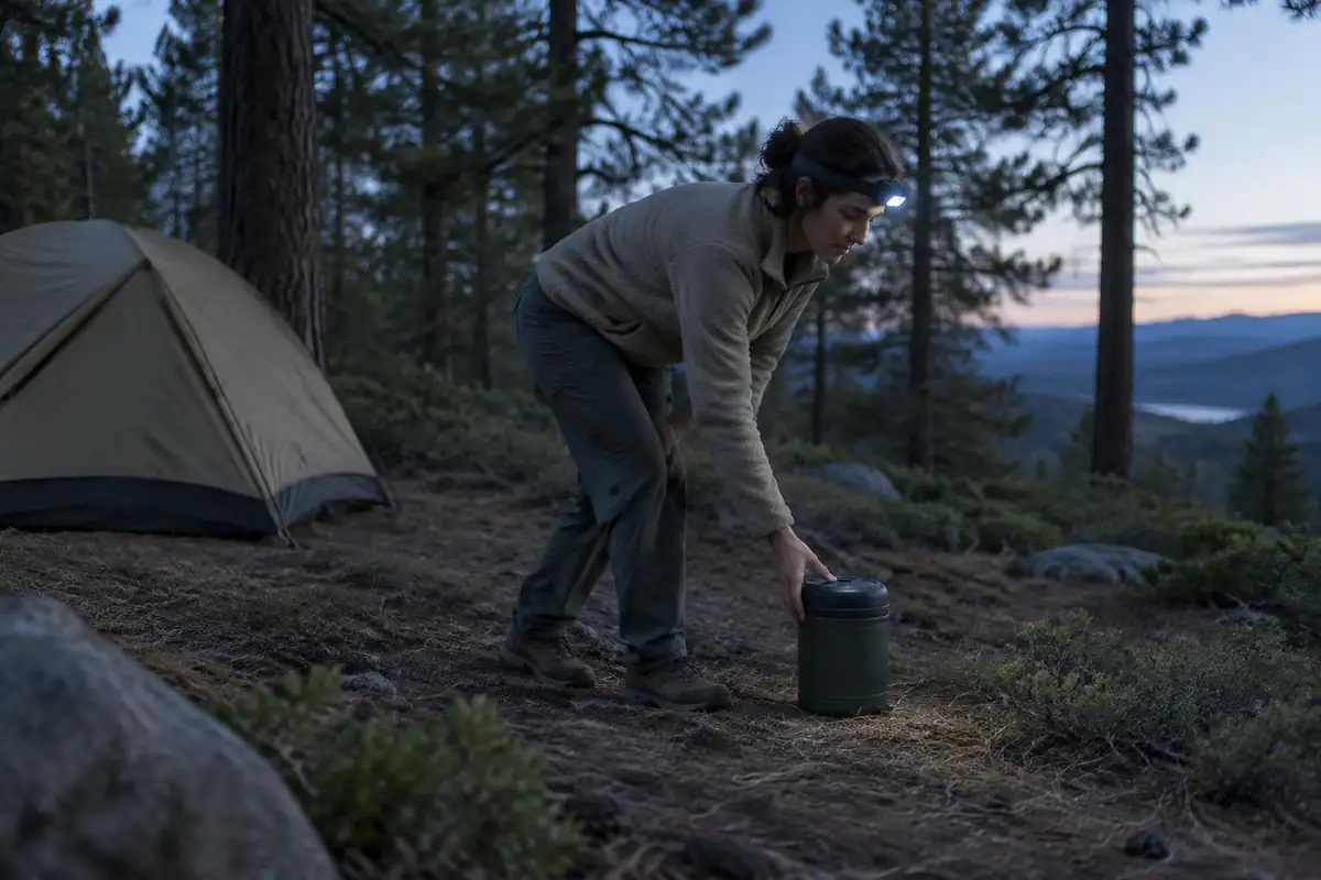 Backpacker placing a hard canister on flat ground away from tent at dusk