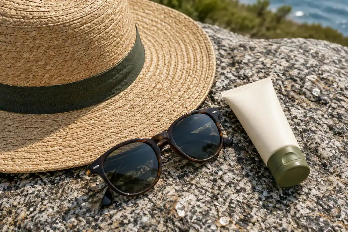 Sun hat, sunglasses and sunscreen tube beside a granite crystal texture