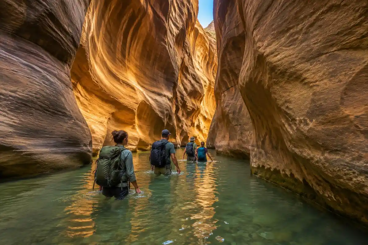 Slot canyon corridor with knee-deep water and a small group wading