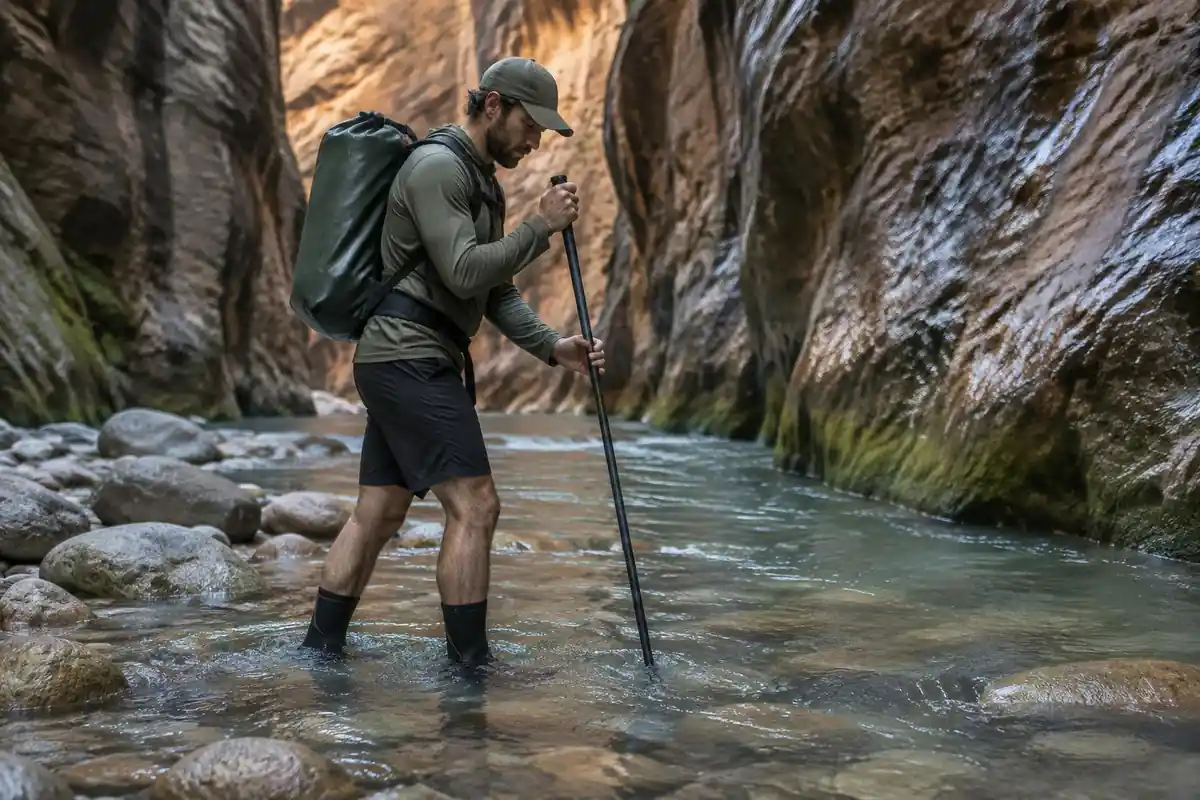 Hiker planting a wading pole on the riverbed while stepping across cobbles