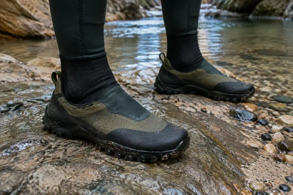 Neoprene socks and closed-toe canyoneering shoes with sand on a rock