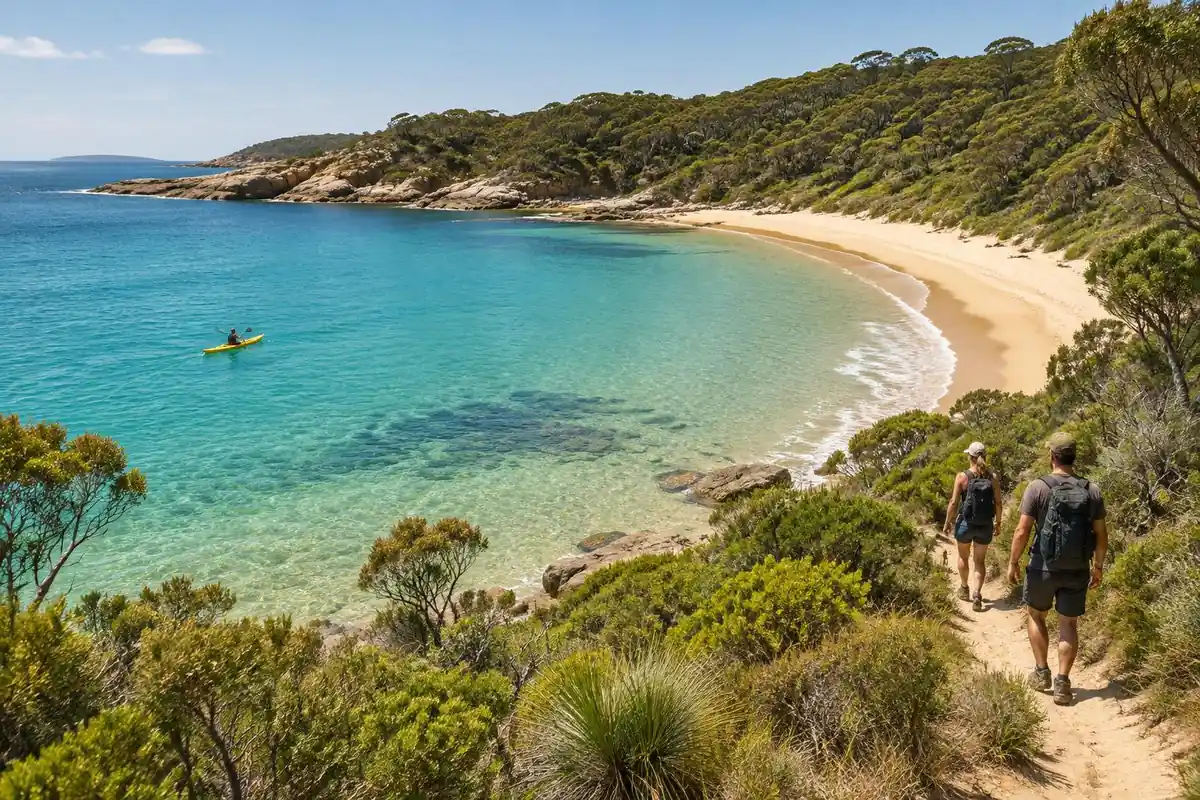 Golden sand bay with turquoise water, bush to the shore and hikers on a sandy path