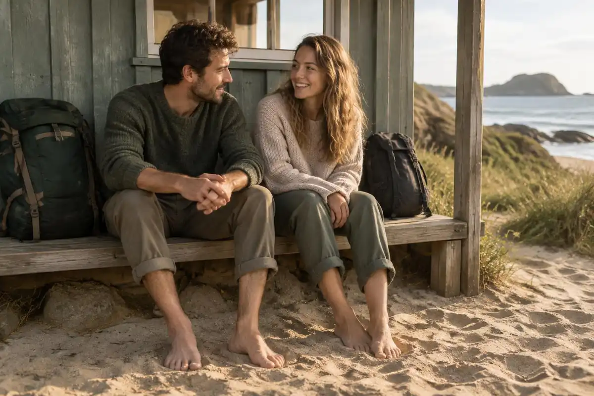 Couple with boots off on a bench at a beachside hut