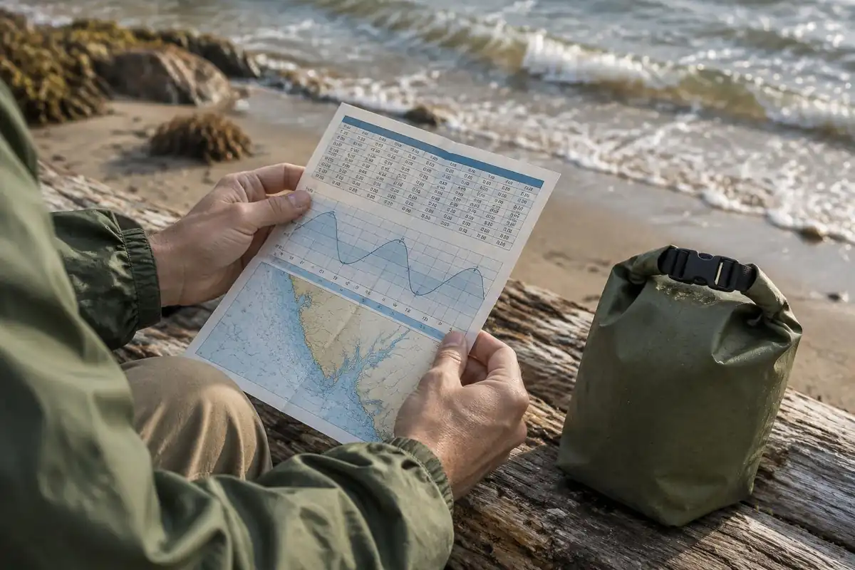 Hands holding a tide chart beside a dry bag on a log by the water