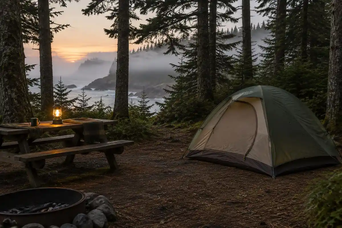 A campground site in a spruce grove with tent, picnic table and hanging lantern at dusk