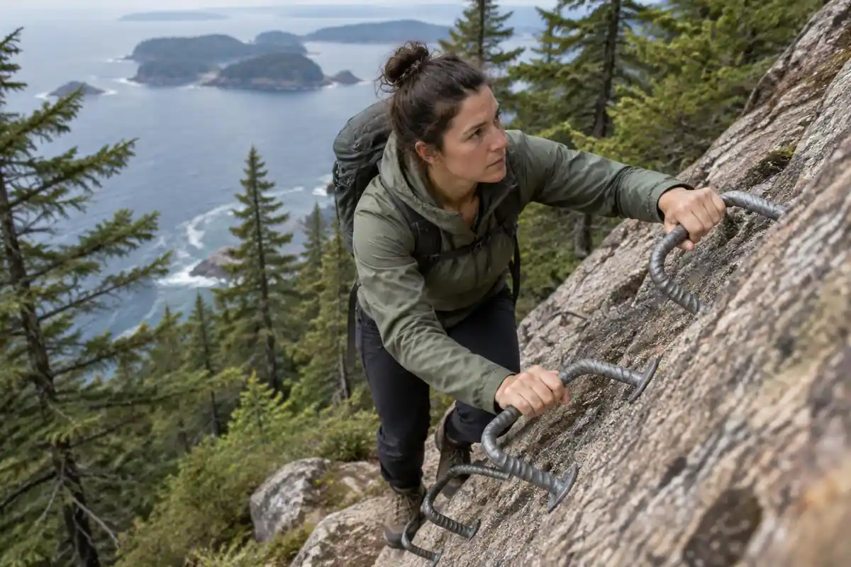 A hiker using iron rungs on a granite trail