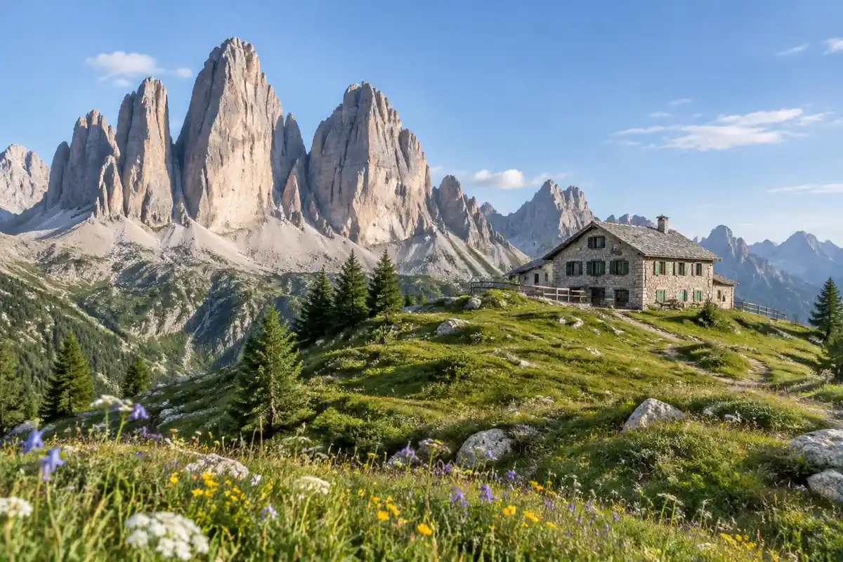 Pale limestone spires above an alpine meadow with a shuttered mountain hut on a grassy col