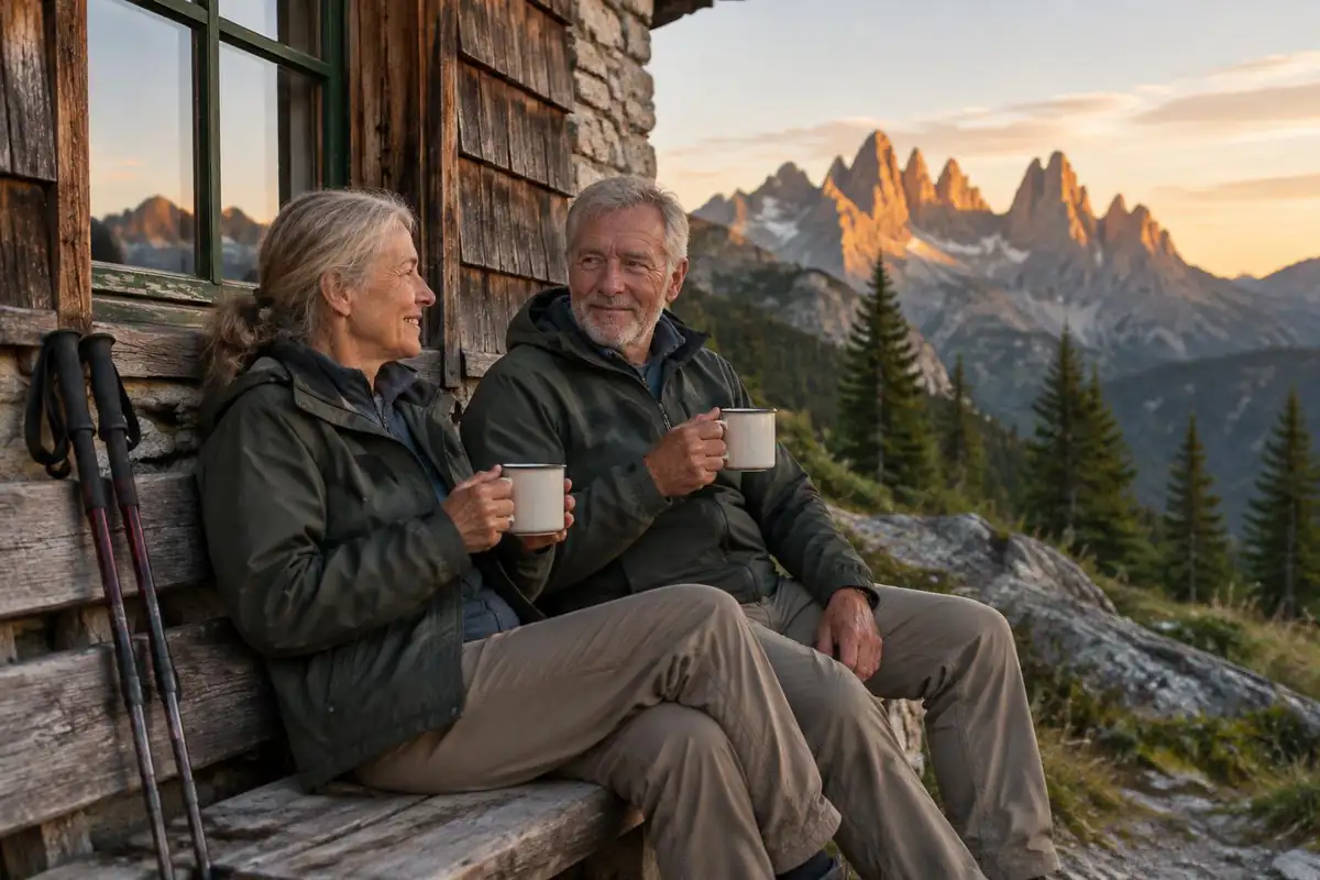 Two older hikers with mugs of tea on a bench outside a mountain hut