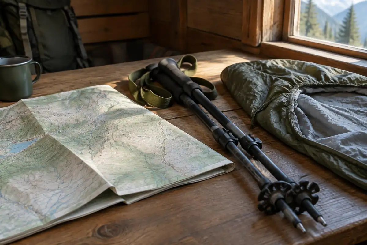Folded paper map, trekking poles and a sleeping-bag liner on a wooden hut table